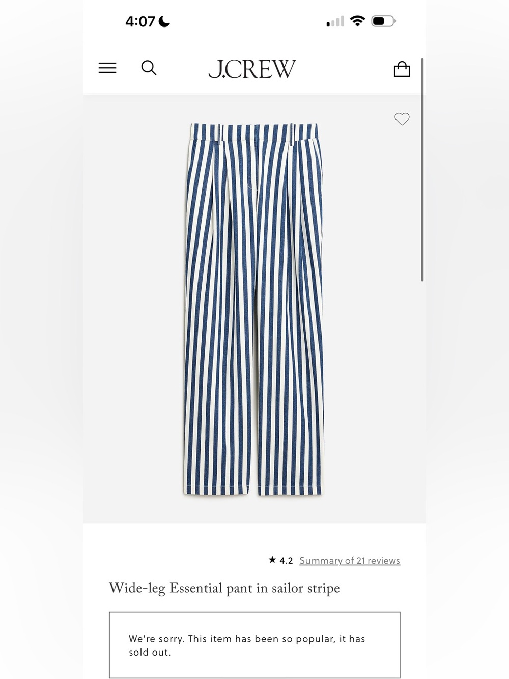 J.CREW wide-leg Essential pant in sailor stripe